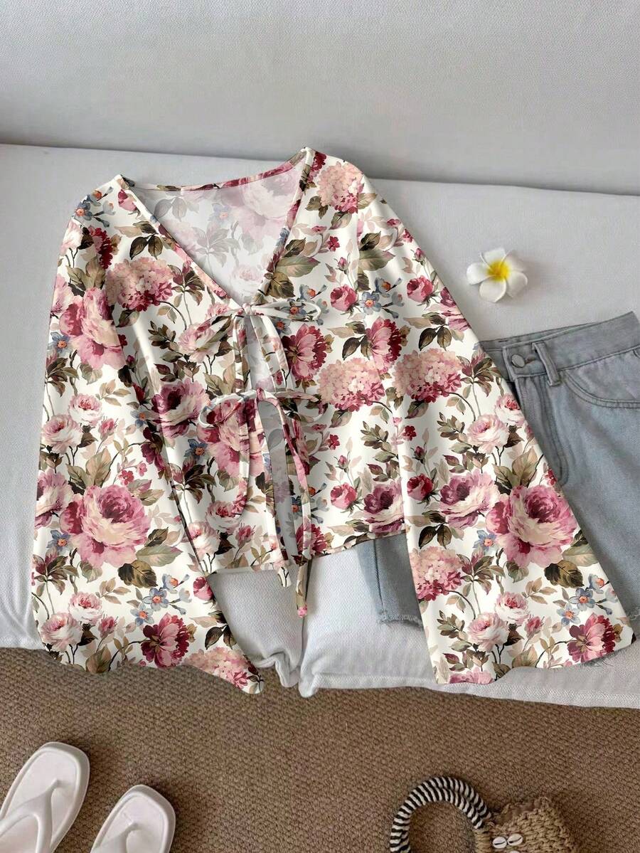 SHEIN LUNE Women's Casual Printed Drawstring Flare Sleeve Top, Suitable For Autumn/Winter - Multicolor - View 1