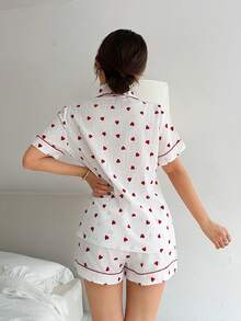 SHEIN 女士100%纯棉提花短袖短裤睡衣套装，心形印花，夏季睡衣 - 白色 - 查看 2