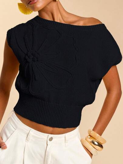 Travachic Women's Casual Solid Color Floral Shoulder Knit Top, Summer,Vacation Casual Terno Outfit For Women,Summer Holiday Outfits,Spring Break Outfits,Party Outfit,Beach Outfit,Spring Clothing,Valentine Outfits For Women,Carnival Costume,Elegant,Floral,Carnival,Spring To Summer ,Party ,Summer Tops,Wedding Guest Tops For Women,Birthday Tops,Party Tops,Elegant Tops For Women,Floral Tops,Summer Tops,Carnival Costume, Mexican Style Tops Women Boho Tops For Women,Tropical,Bohemian,Ibiza,Western,Graduation Tops, Graduation Outfit For Mother