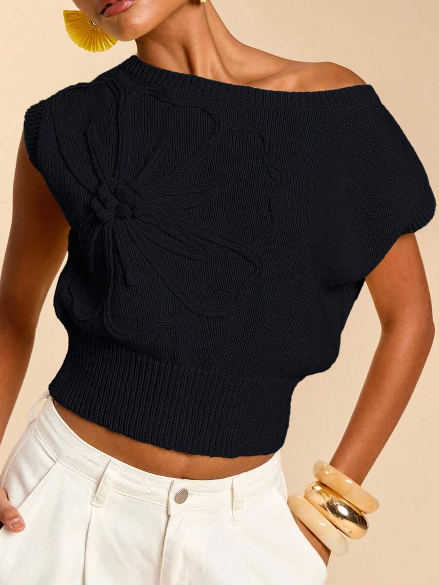 Travachic 女士休闲纯色印花露肩针织上衣，夏季 - 黑色 - 查看 1