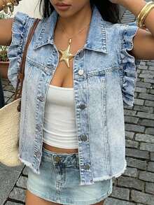 Sunnyshic Women's Single-Breasted Frayed Hem Ruffle Cuff Denim Jacket - Light Wash - View 2