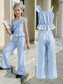 SHEIN Sparklyn Tween Girls' Summer Casual Striped Ruffle Trim Tank Top And Pants Set - Blue - View 2