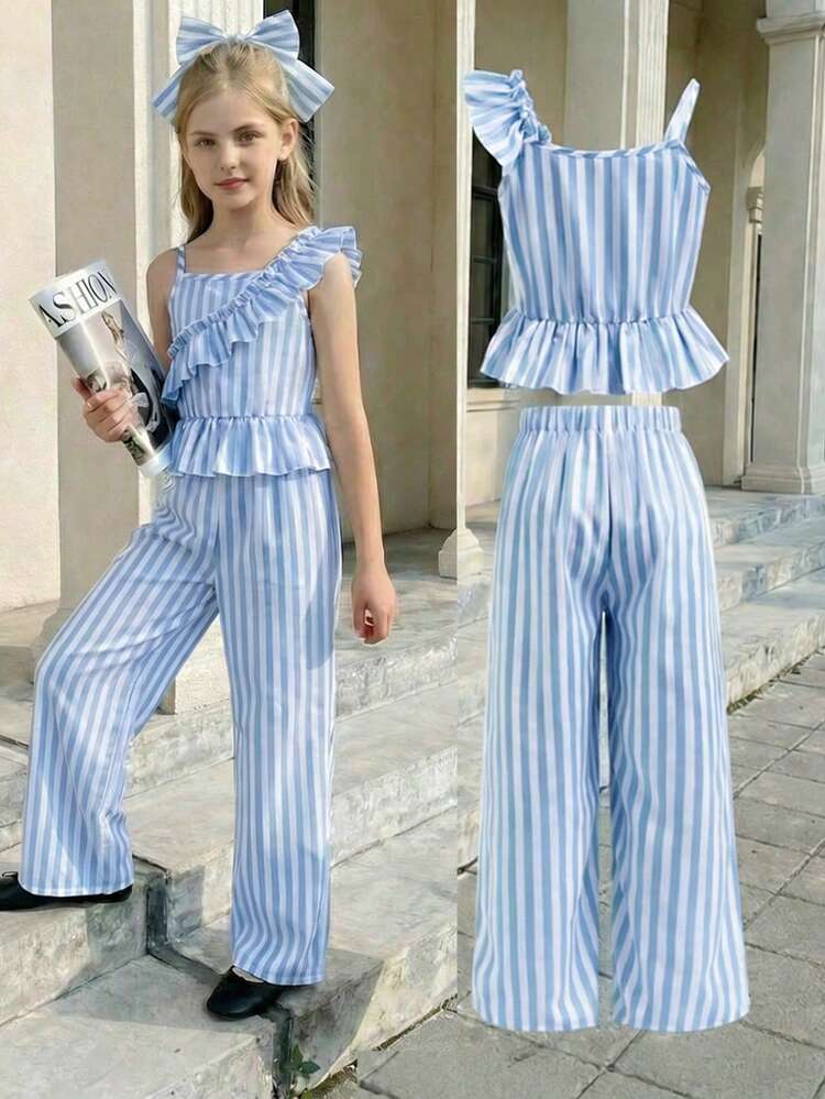 SHEIN Sparklyn Bộ áo tank top và quần dài kẻ sọc bèo nhún kiểu dáng thường ngày mùa hè cho bé gái tuổi teen. - Màu xanh lam - Xem 2