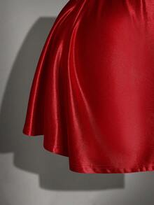 SHEIN ICON 大码女式纯色性感露背吊带垂褶领连衣裙，夏季 - 紅色 - 查看 7