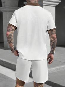 Manfinity CasualCool Men's Waffle Knit Polo Shirt And Shorts Set,White And Brown Contrast Collar 2 Piece Outfits,Summer Casual Vacation Old Money Style Sweatsuit For Men - Beige - View 2