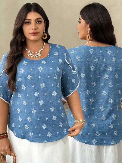 Ceyna 大码女式法式休闲优雅刺绣印花圆领短袖衬衫