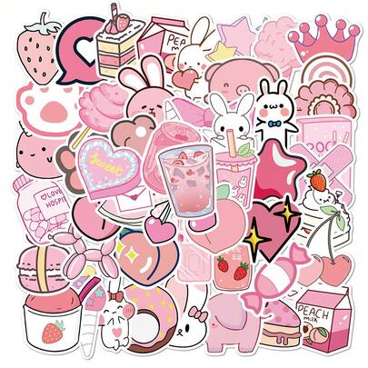 50 piezas de pegatinas de vinilo impermeables rosas y lindas - Diseños de dibujos animados adorables perfectos para cuadernos, botellas de agua, patinetas, cascos, planificadores y talla grande