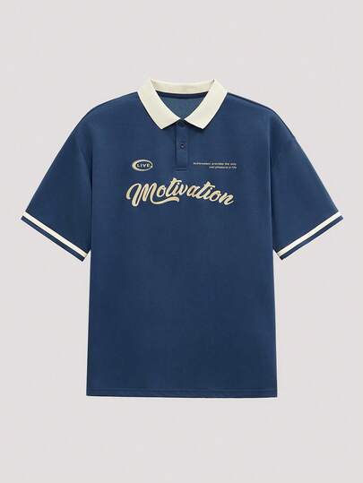 Open Phase Loose Fit Men's Short Sleeve Colorblock Collar Letter Print Polo Shirt