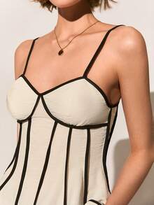 Poéselle Áo hai dây nữ mùa hè kiểu dáng thường ngày, phối màu tương phản. - Màu be - Xem 3