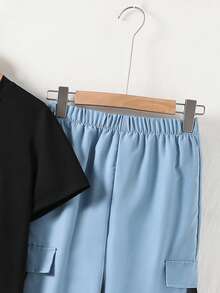 SHEIN Vacaura 男童春夏两件套服装 - 印花黑色短袖T恤搭配工装裤，休闲百搭套装 - 彩色 - 查看 4