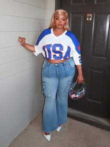 Enliva 大码性感修身弹力喇叭牛仔裤，蓝色，秋季女式牛仔裤，适合苹果型和圆润身材 - 藍色 - 查看 6