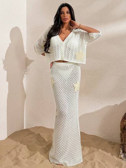 SHEIN Women Shirt Blouse And Skirt Two Pieces Outfit Cover Up Vacation With Floral 3d Embroidery