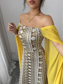 SHEIN Franclia 女士休闲印花撞色网纱长袖绿色度假连衣裙 - 黃色 - 查看 4