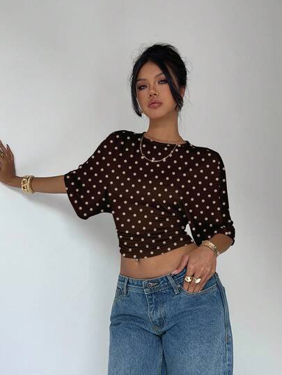 Aloruh Women's Vintage Brown Polka Dot Print Round Neck Batwing Sleeve Ruched Design Cropped Fashionable Top, Brown Polka Dot Blouse, Summer T-Shirt, Casual Wear
