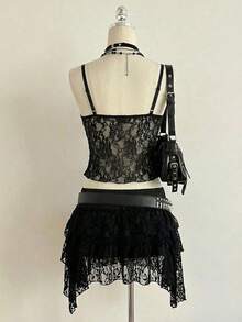 Attitoon 女士休闲性感蕾丝吊带背心，女士日常穿搭，Y2K风格 - 黑色 - 查看 2