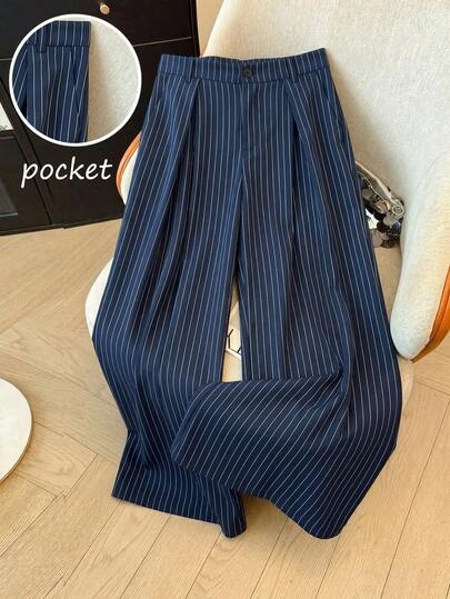 SHEIN Elenzya Pantalones anchos plisados a rayas de talla grande, adecuados para vacaciones de verano, fiestas de carnaval, pantalones de traje