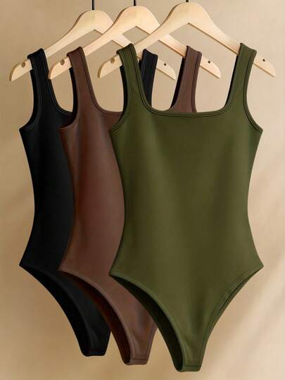 Resyla Áo liền thân nữ kiểu dáng tối giản, màu trơn, cổ vuông, đa năng cho mùa hè.