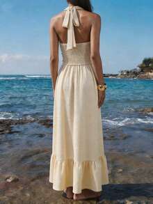 Nevyona 欧美时尚度假休闲褶皱前片花卉蕾丝露背镂空女式夏季无袖连衣裙 - 杏色 - 查看 2