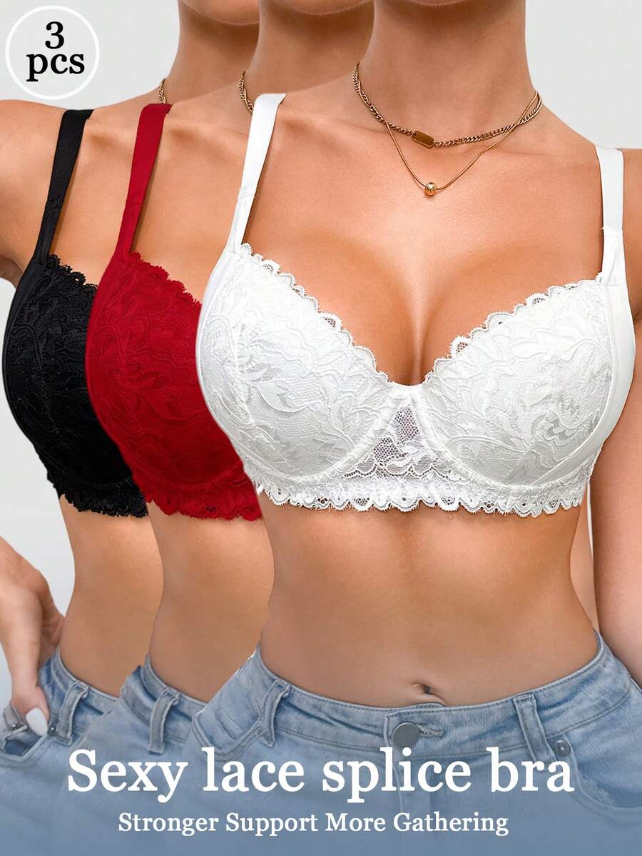 DesireSculpt 3pcs/Set Sexy Lace Patchwork Women's Bra Set - Multicolor - View 1