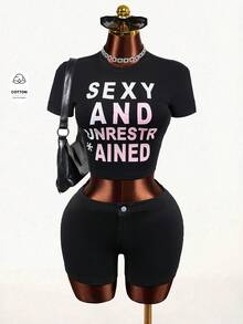 Mistrie Women's Round Neck Letter Print Casual Short Sleeve T-Shirt, Summer  Sexy Crop Top Xxs Clothes Slim Fit Fashion Casual Clubbing Streetwear Dance Party, Summer , Summer Clothes  , Summer Outfits For Women , Summer Outfits ,  Summer Outfit For Wome  Sexy Clothes ,Y2K ,Vacation Outfits Women - Multicolor - View 2