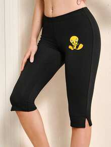 LOONEY TUNES X SHEIN 女士弹力腰带休闲百慕大紧身裤 - 黑色 - 查看 1