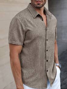 Manfinity Homme Manfinity CasualCool 男士亚麻条纹短袖衬衫，适合夏季日常通勤 - 鏽棕色 - 查看 7