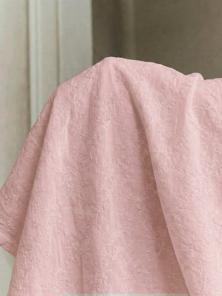 Plus Size Women Mandarin Collar Fitted Ruched Lace Long Sleeve Blouse, Versatile Pink Undershirt For Parties