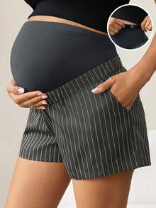 MaterniWear Short de maternité décontracté à imprimé rayé avec poches en biais, été - Gris foncé - Voir 1