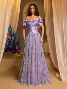 Glamrae Elegant Light Gray-Purple Luxury 3D Beaded Embroidery, Wide Strap Square Neck Bask Waist Handmade Woven Rope Belt Super Flared A-Line Skirt, Suitable For Dates, Vacations, Singles Parties, Weddings, Women's Evening Gown - Dusty Purple - View 7