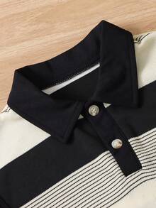 SHEIN 男童条纹无袖 Polo 衫，配纽扣半开襟针织背心和松紧腰休闲短裤套装，夏季 - 黑與白 - 查看 3