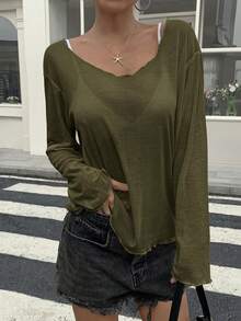 DAZY 女款寬鬆深V領長袖透視休閒上衣，都市街頭風T恤，夏季泳裝外罩衫，適合學校穿著 - 軍綠色 - 查看 2