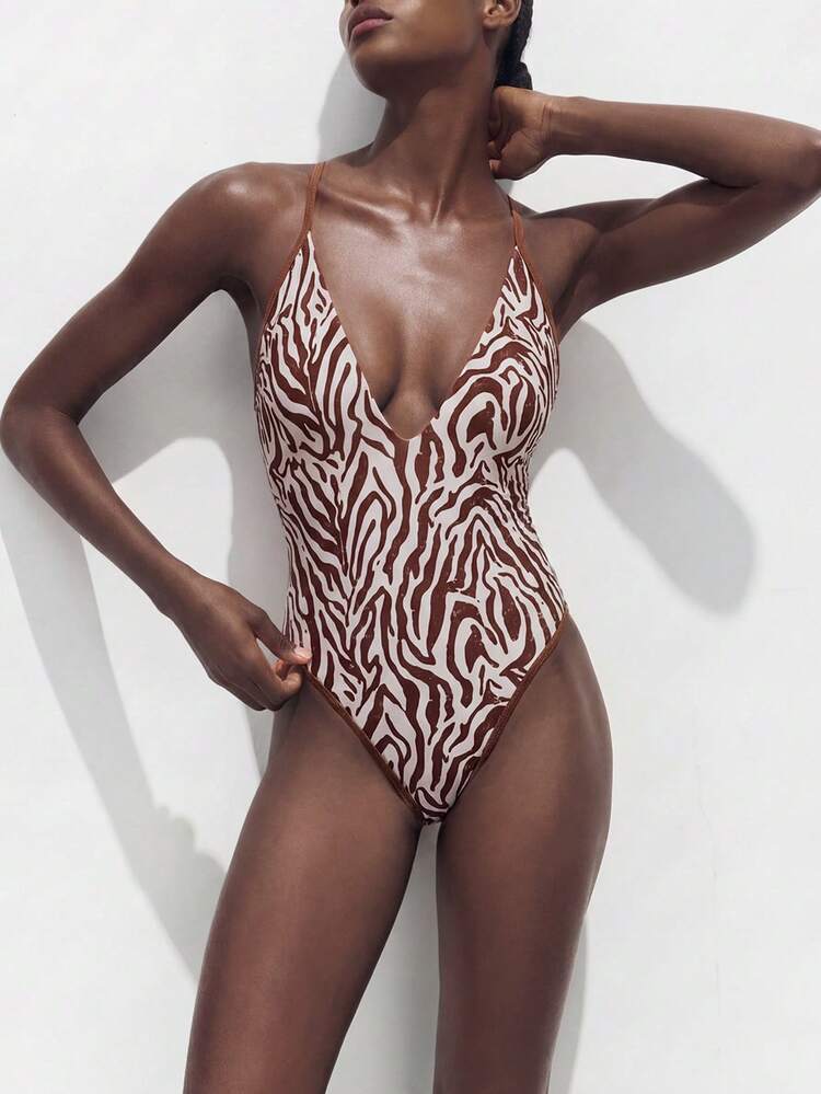SHEIN Maija Women's Casual Beach Vacation Zebra Print One-Piece Swimsuit Animal Print Swimsuit One Piece Swimsuit Zebra Print Swimsuit Brown Swimsuit Women Sexy One Piece Swim Animal Print Swimwear Women's Swimsuit Women's One Piece Swimsuit Full Coverage Swimsuit One Piece Swimsuit Women