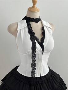 Elamini 女士白色撞色蕾丝V领纽扣收腰修身不对称下摆性感喇叭袖衬衫，欧美夏季风情 - 白色 - 查看 4