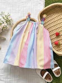 SHEIN Vintaside Kids Vestido de línea A a rayas con parches de flores de colores y cinta para niñas bebés, adecuado para uso diario casual y ocasiones festivas - Multicolor - Ver 4