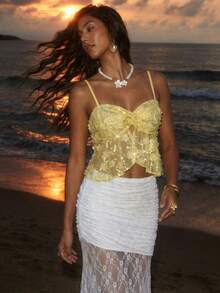 Nevyona Women's Vacation Golden Grass Light Yellow Sequin Twist Halter Sexy Holiday Beach Vest - Yellow - View 4