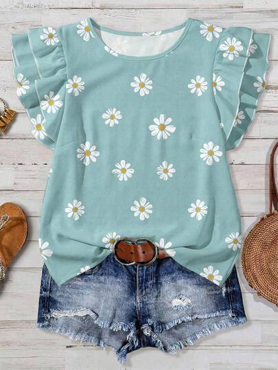 Mellowie Plus Size Women Floral Print Round Neck Casual Versatile Daily Wear Shirt