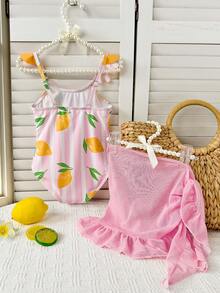 Young Girl Striped Lemon Print Flutter Sleeve One-Piece Swimsuit With Matching Skirt, Suitable For Beach Vacation, Pool Party, Beach Party - Multicolor - View 2