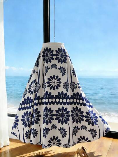 Franclia New French-Style Elegant Apricot-Based Blue Floral Midi Skirt With Elastic Waist. Suitable For Summer, Elegant Women's Outfits, Holiday Wear, Vacation Wear, And Beach Vacations.