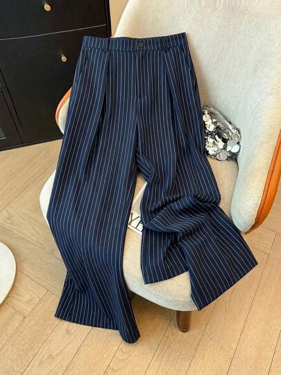 SHEIN Elenzya Quần ống rộng xếp ly kẻ sọc cỡ lớn, thích hợp cho kỳ nghỉ hè, tiệc hóa trang, quần công sở.