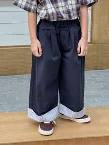 DAZY Contrast Striped Cuffed Hem Loose Wide-Leg Jeans, Casual Daily Commute Vacation Style For Young Boys - Navy Blue - View 4