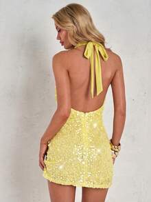 SHEIN Glamour 女士亮片露背系带性感迷你连衣裙，适合约会和派对 - 黃色 - 查看 2