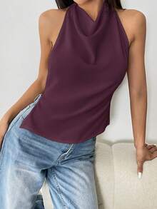 Flirla Women's Solid Color Halter Backless Sexy Sleeveless Tank Top - Maroon - View 4