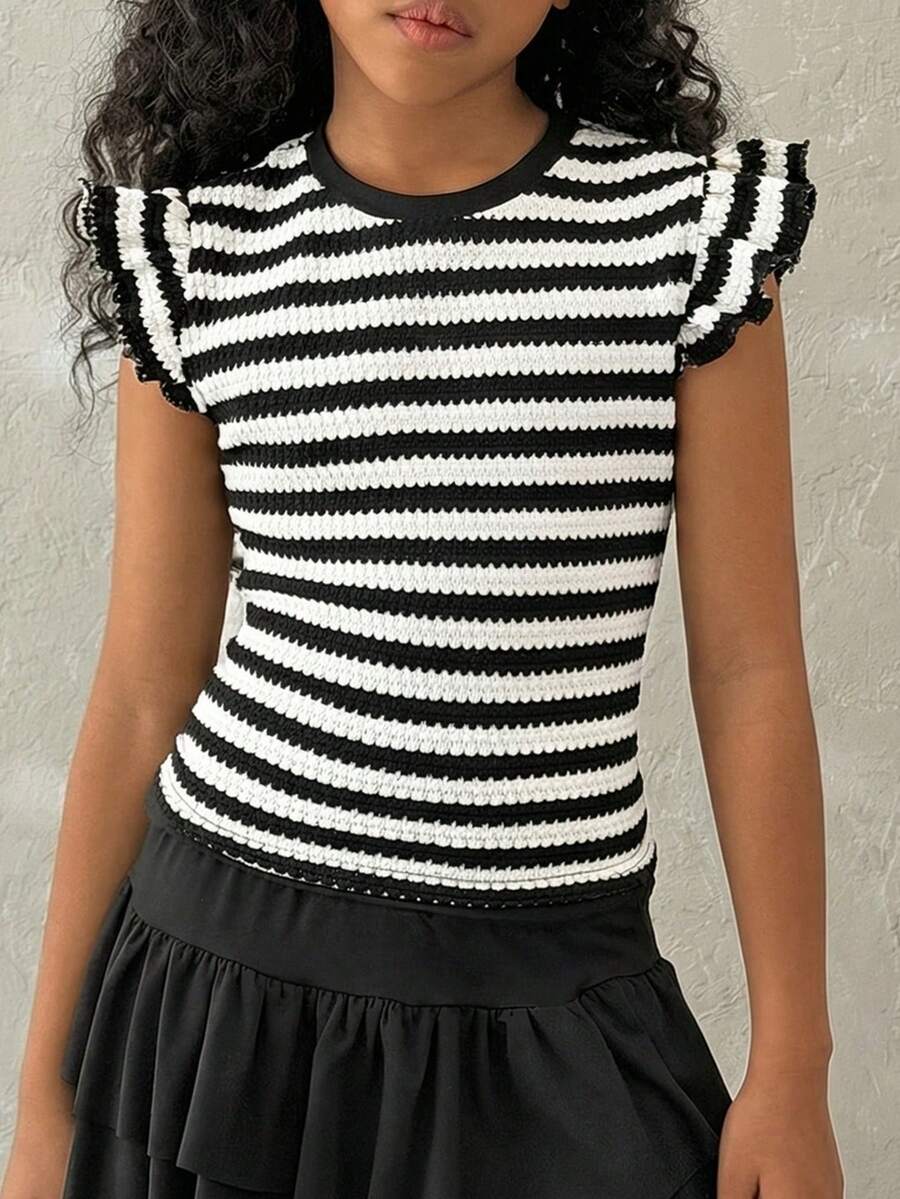 Coolane Kids 少女夏季街头风度假荷叶边纯白T恤 - 黑與白 - 查看 1