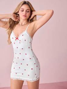 Bonmuse Women's Sleeveless White Mini Slip Dress With Cherry Random Print And Delicate Contrast Lace Details Nightwear Cherry Pajama Set Comfy Lingerie - White - View 5