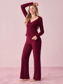 Bonmuse Set Piyama Wanita Seksi Warna Polos Kerah Renda Lengan Panjang Atasan & Celana Bergaris Lembut & Nyaman Warna Burgundy Pakaian Musim Gugur Musim Dingin untuk Musim Panas - Burgundy - View 5