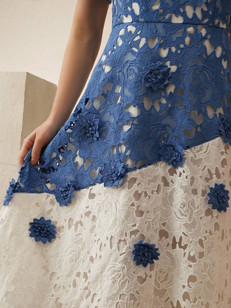 Anewsta Spring/Summer Elegant Women's Round Neck Water-Soluble Lace Color Block Asymmetric Ruffle Waist A-Line Short Sleeve Plus Size Dress