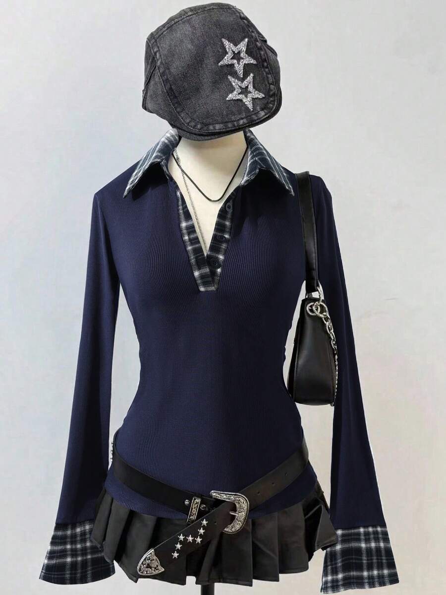 Lalippa 新款复古二合一格子拼接黑色 Polo 领长袖 T 恤 - 藏蓝色 - 查看 1