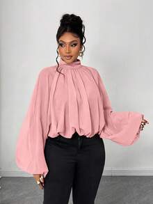 Maweii Blusa elegante de unicolor con volantes y mangas farol para tallas grandes, otoño - Rosa - Ver 4
