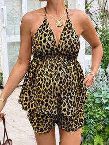 Lyckli Maternity Fashionable Halter Backless Leopard Print Top & Shorts 2 Pieces Set - Yellow - View 5