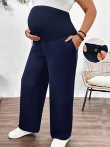 Plussiva 大码孕妇深蓝色阔腿裤，提供孕妇支撑，适合休闲外出穿着。弹性腰带舒适贴合，防止孕期束缚。纯色简约可调节腰围女裤，夏季工作裤，阔腿裤，深蓝色裤子，孕妇裤，孕妇装，休闲裤，孕妇裤，阔腿裤，高腰阔腿孕妇裤，孕妇裤，孕妇装，孕妇套装 - 寶藍色 - 查看 1